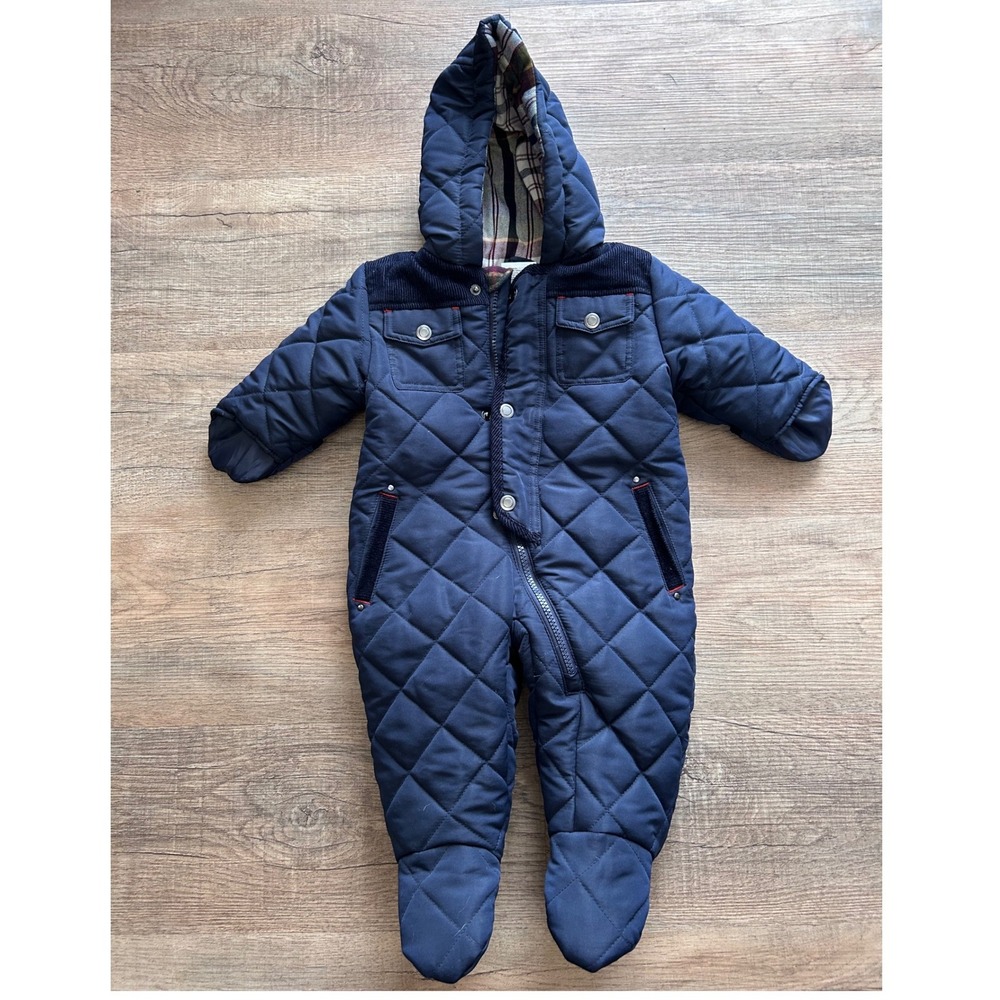 Rothschild Baby 6-9M Quilted Puffer Bunting Snowsuit Blue Plaid Corduroy Hooded